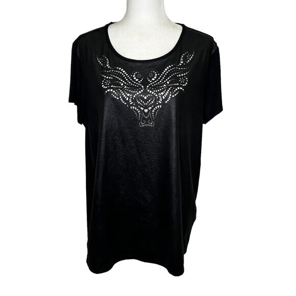 Rock & Republic Faux Leather Mixed Fabric Lazer Cut Short Sleeve Top - Picture 1 of 7